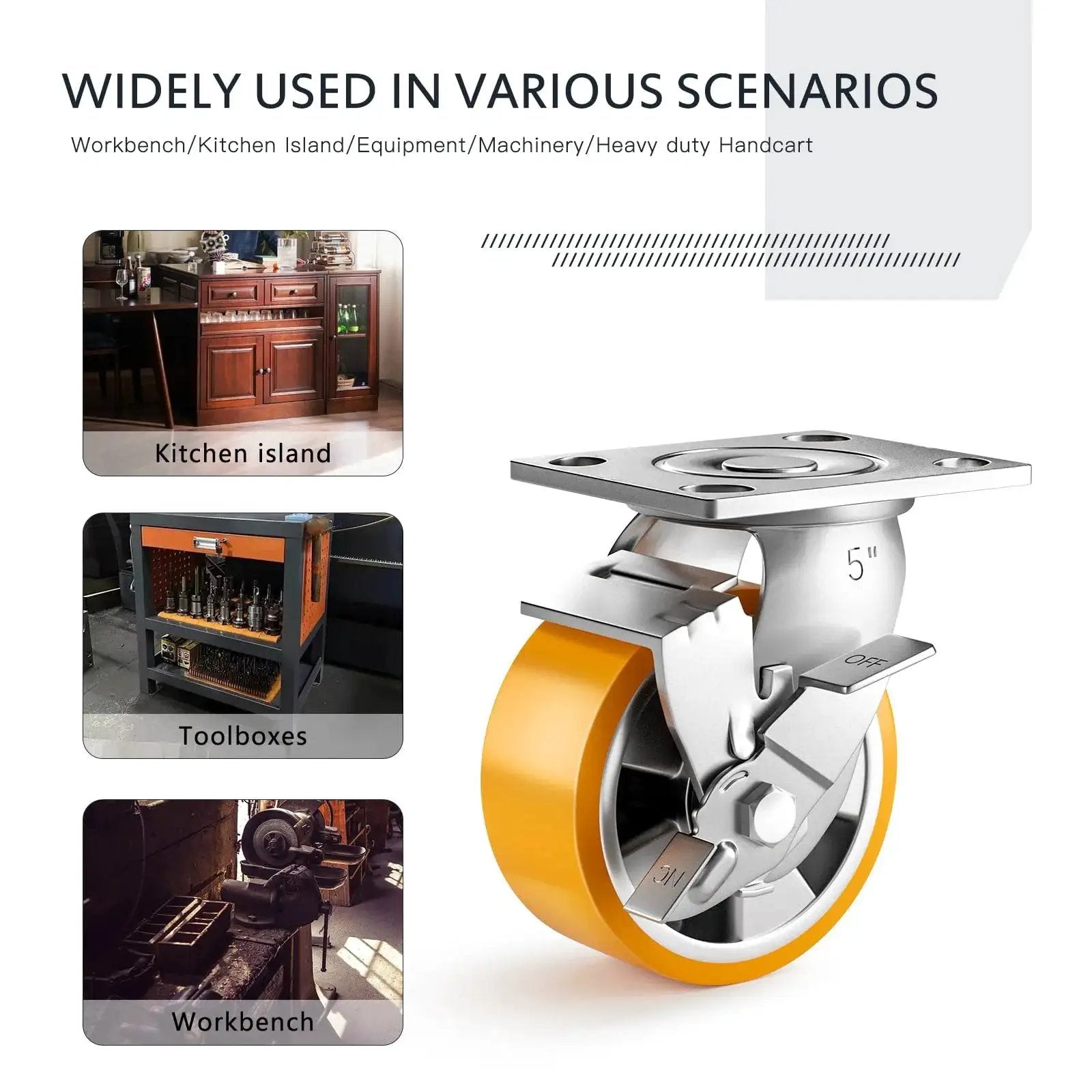 5 Inch Heavy Duty Locking Casters Set Of 4 With Plate Mount Swivel Wheels For Heavy Duty Carts, Workbenches And Equipment, 5000 Lb Load Capacity, Durable Orange Finish For Industrial Use