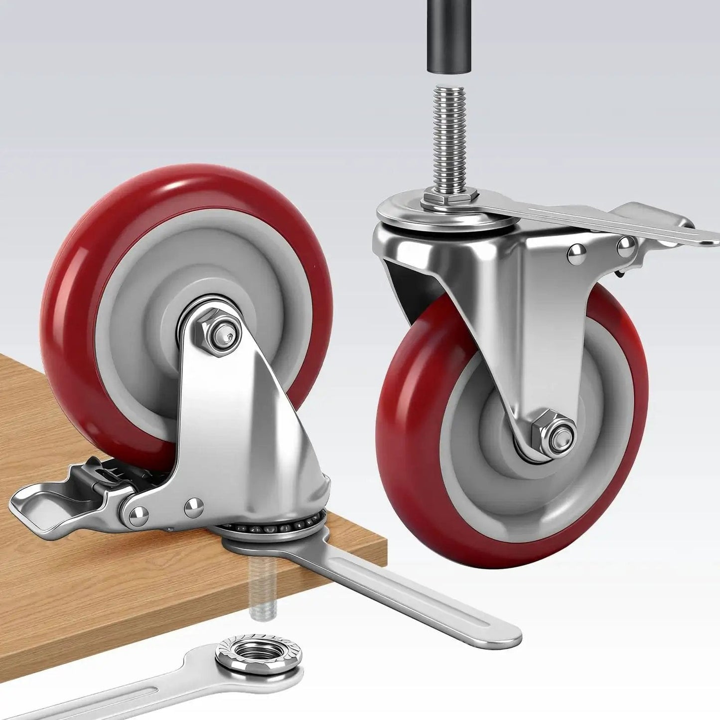 Five Inch Locking Swivel Caster Wheels Set Of Four With One Half Inch By Thirteen Threaded Stem And One And One Half Inch Length Heavy Duty Industrial Castors For Cart Furniture And Workbench Quiet Polyurethane Wheels With Brake Locks And Floor Protection
