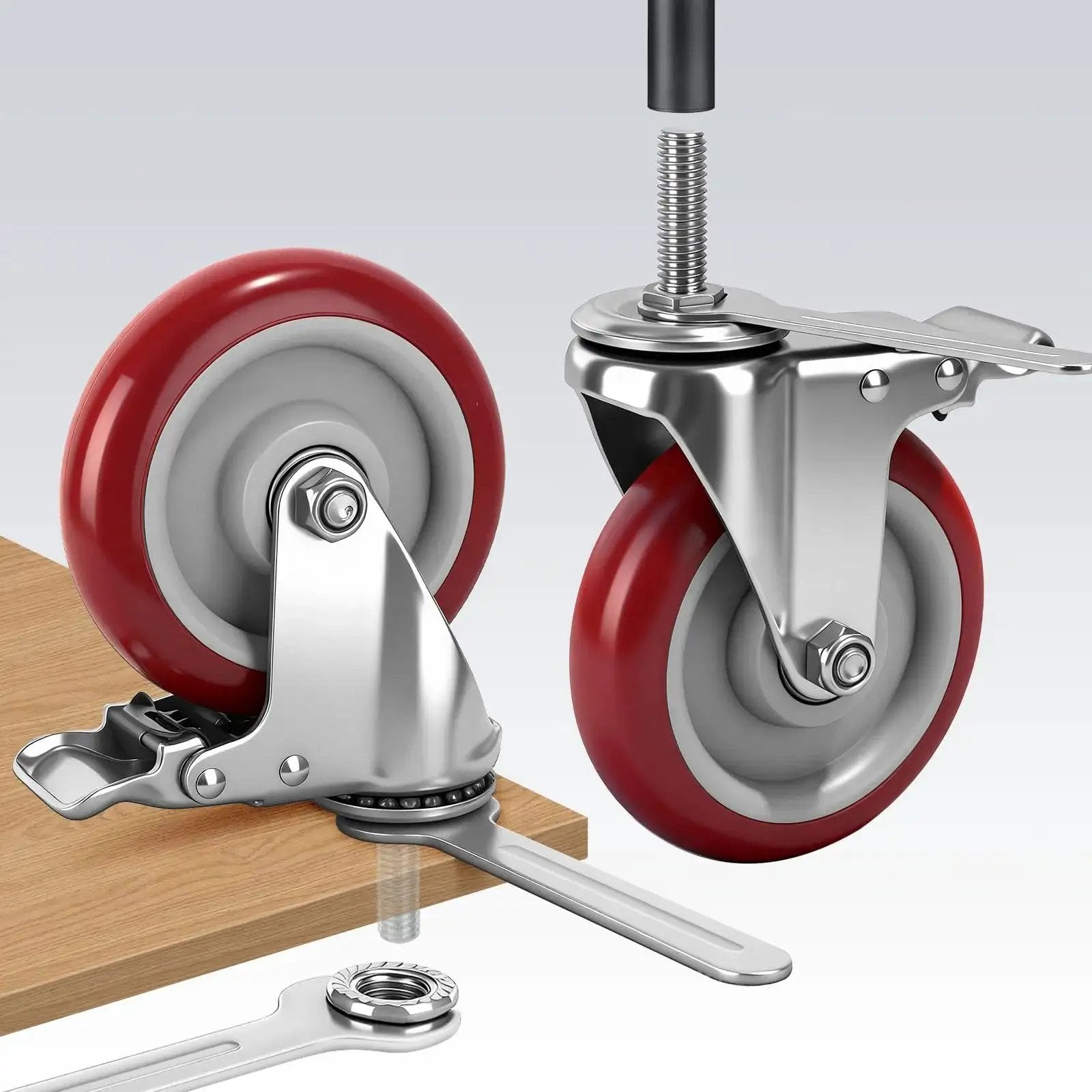 Five Inch Locking Swivel Caster Wheels Set Of Four With One Half Inch By Thirteen Threaded Stem And One And One Half Inch Length Heavy Duty Industrial Castors For Cart Furniture And Workbench Quiet Polyurethane Wheels With Brake Locks And Floor Protection