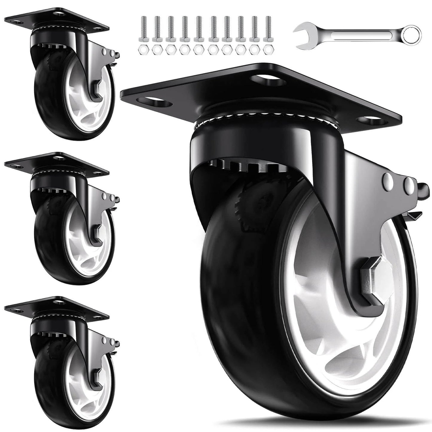 5 inch heavy duty caster wheels set of 4 rated 2600 lb total with 360 swivel & foot brakes quiet floor protecting polyurethane wheels
