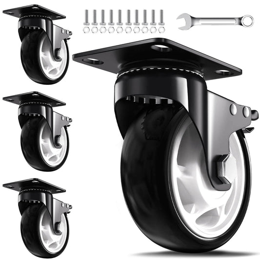 5 inch heavy duty caster wheels set of 4 rated 2600 lb total with 360 swivel & foot brakes quiet floor protecting polyurethane wheels