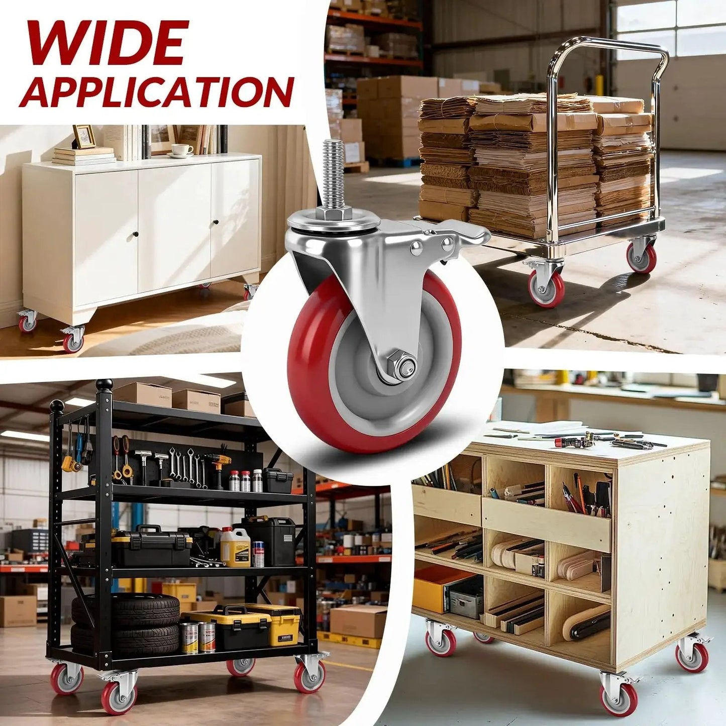 Five Inch Locking Swivel Caster Wheels Set Of Four With One Half Inch By Thirteen Threaded Stem And One And One Half Inch Length Heavy Duty Industrial Castors For Cart Furniture And Workbench Quiet Polyurethane Wheels With Brake Locks And Floor Protection, shown on various carts and furniture.