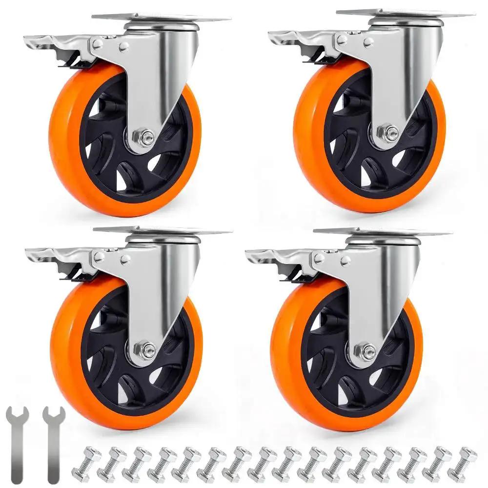 Set of 4 orange 5 Inch Swivel Casters Wheels 450lbs Per Wheel Heavy Duty Castors With Brake Polyurethane Dual Locking