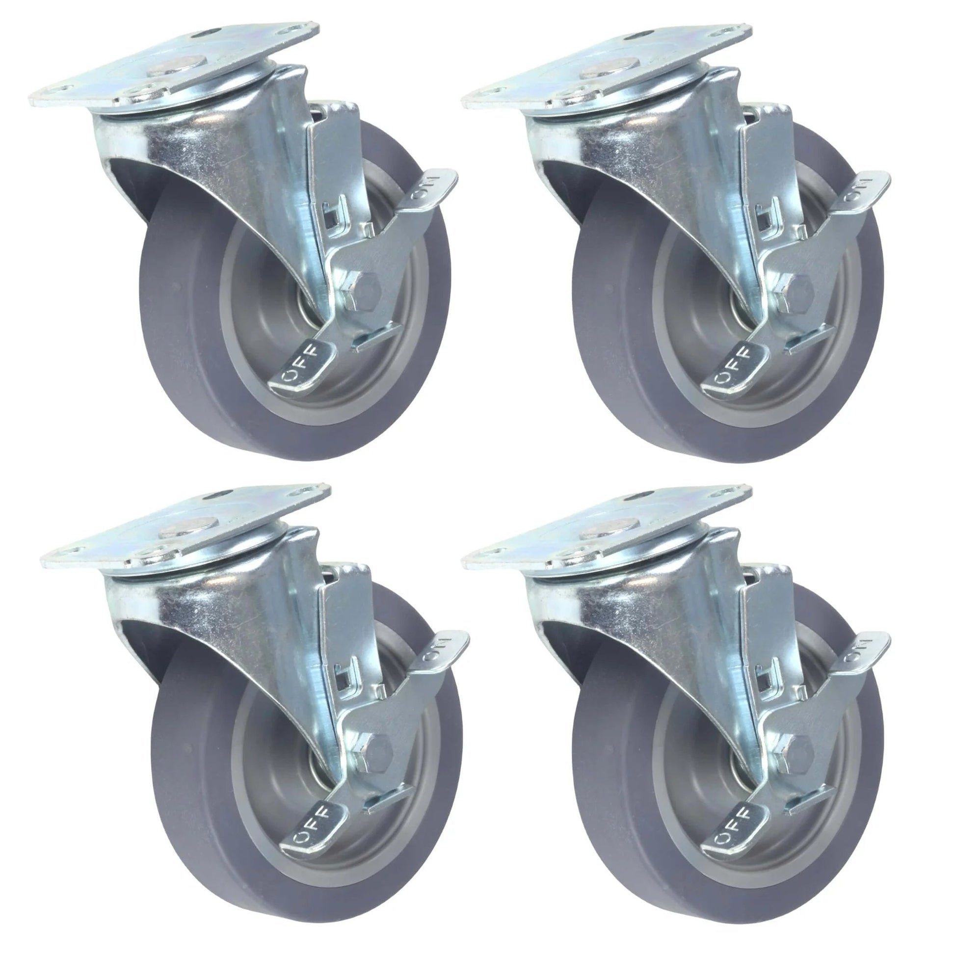 Set of 4 5 Inch Swivel Caster Wheels with Brakes, Heavy Duty Polyurethane Plate Casters, Smooth Quiet Rolling