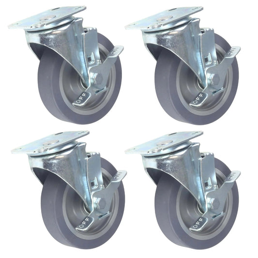Set of 4 5 Inch Swivel Caster Wheels with Brakes, Heavy Duty Polyurethane Plate Casters, Smooth Quiet Rolling