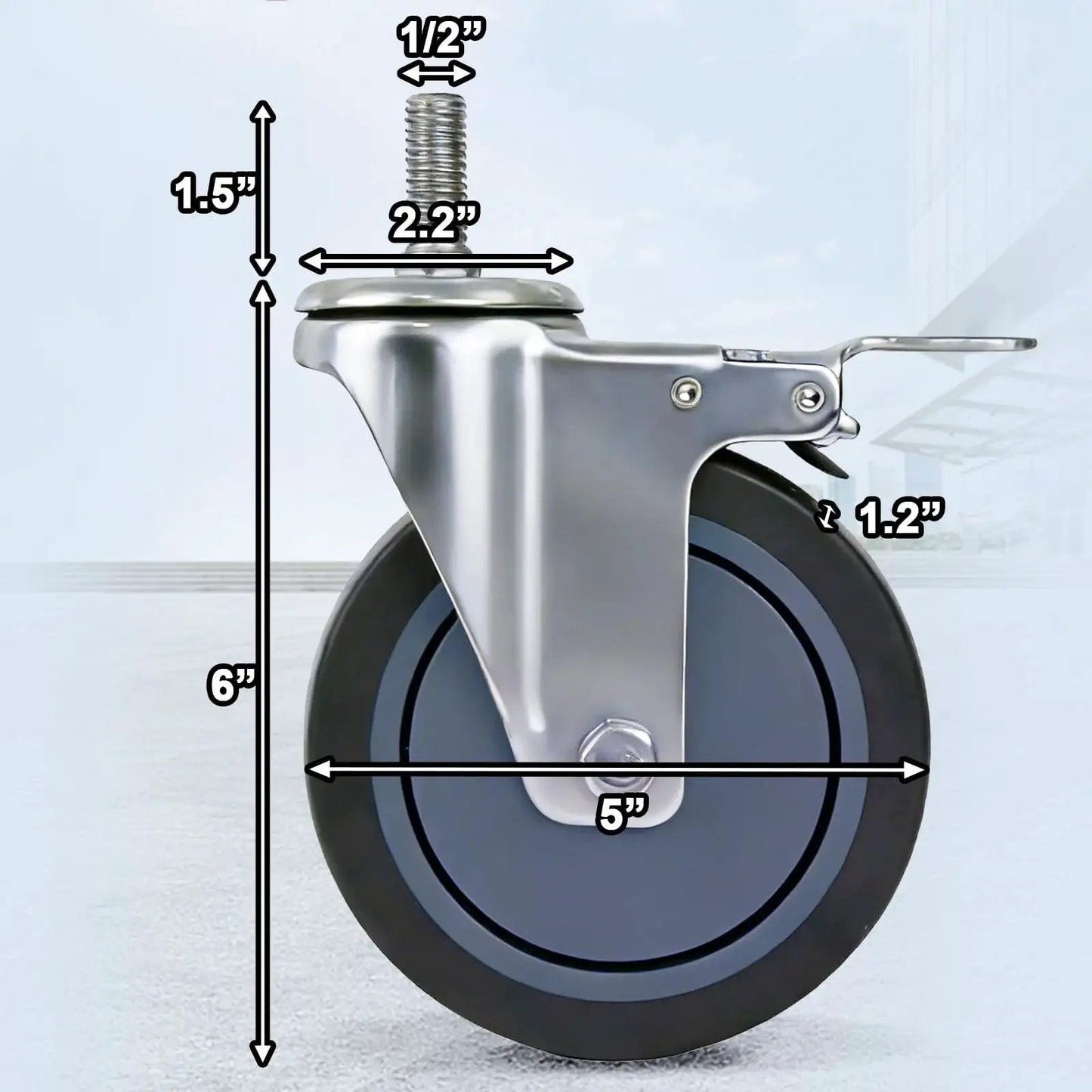 Side view of a 5 Inch Locking Swivel Caster with Brake, 1/2-13 X 1.5 Threaded Stem, Grey TPR Rubber Wheel, Heavy Duty for Carts
