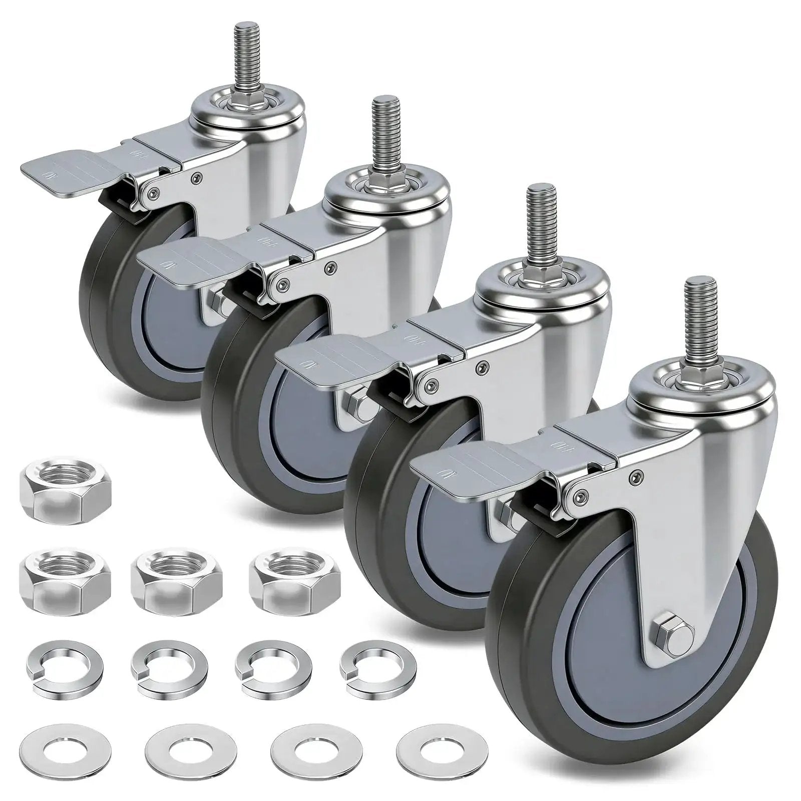 5 Inch Locking Swivel Casters With Brake, 1/2-13 X 1.5 Threaded Stem, Grey TPR Rubber Wheels, Heavy Duty for carts, set of 4