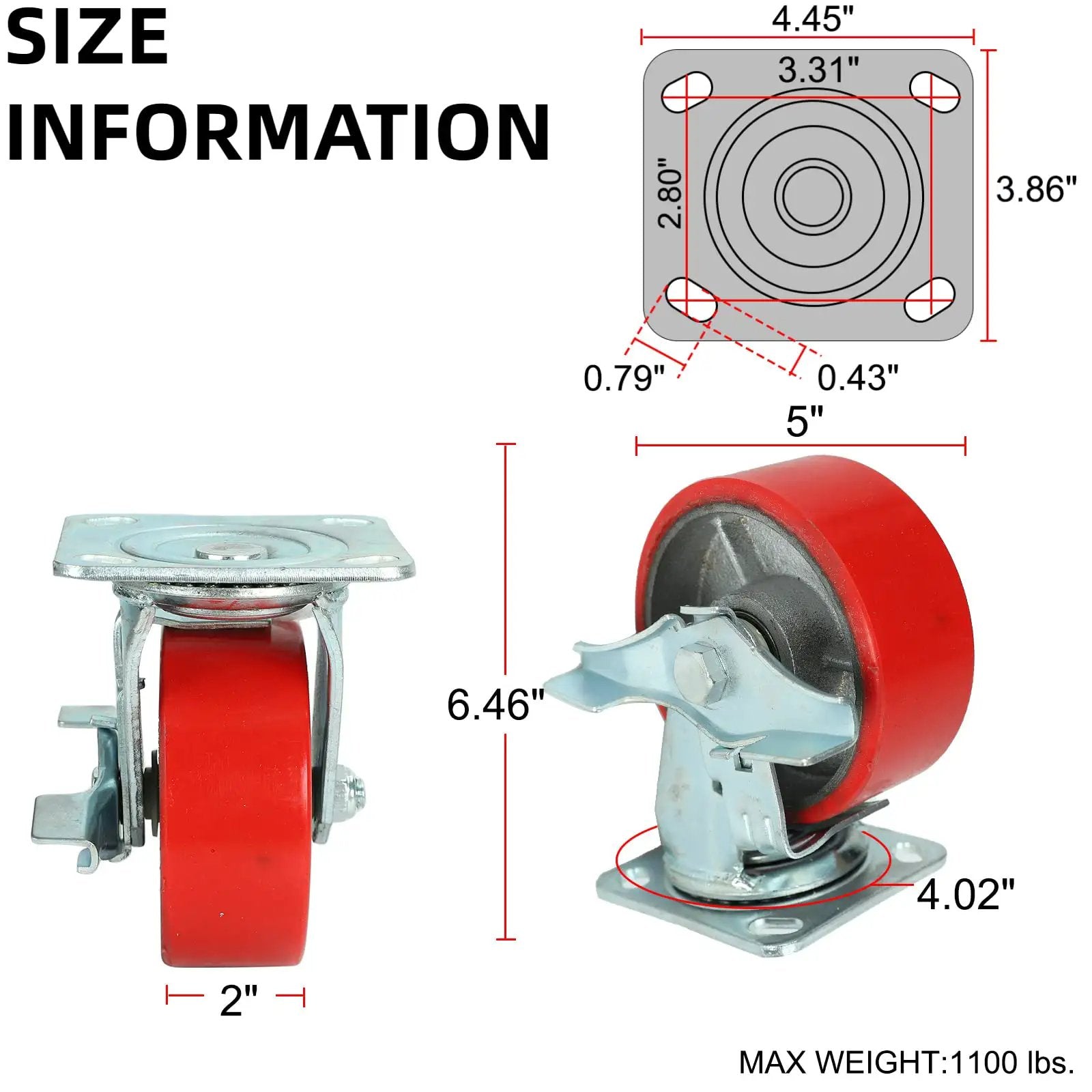 5 Inch By 2 Inch Swivel Polyurethane Wheels Heavy Duty Casters Set Of 4 With Top Lock Brake showing size dimensions.