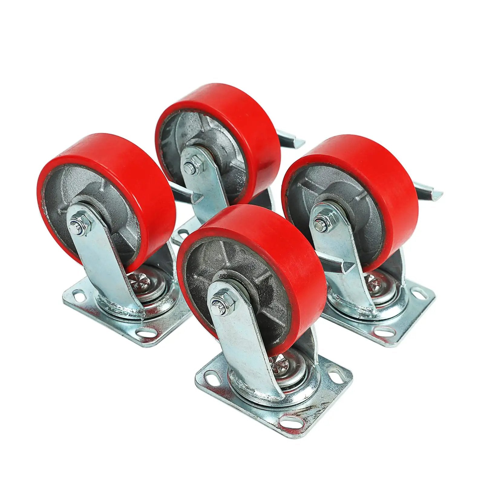 5 Inch By 2 Inch Swivel Polyurethane Wheels Heavy Duty Casters Set Of 4 With Top Lock Brake 1100 Lbs Load Capacity Per Caster