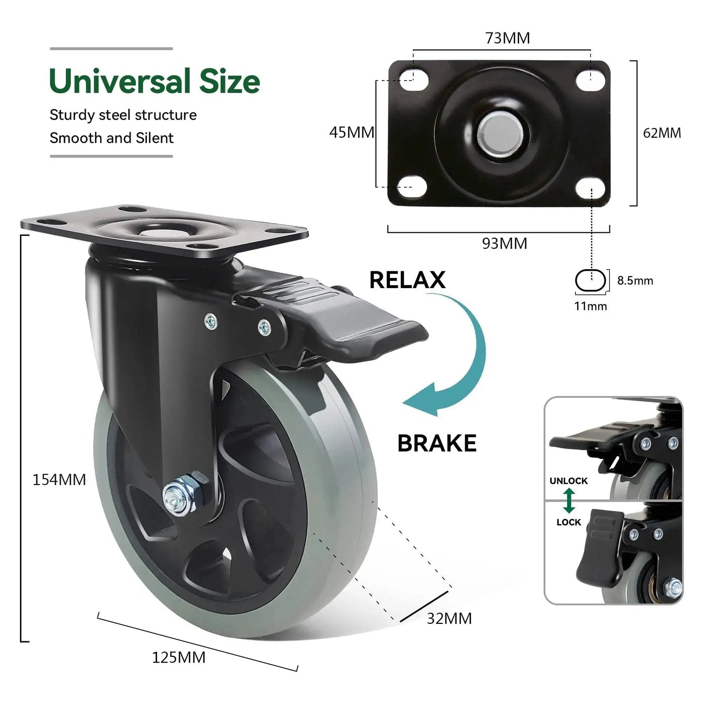 5 Inch Heavy Duty Caster Wheels Set Of 4 With Brakes, Silent Swivel Top Plate Locking Casters, Grey Polyurethane
