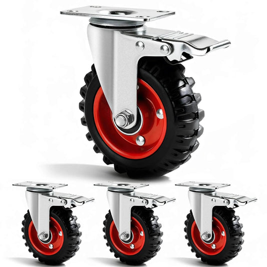 5 Inch Heavy Duty Caster Wheels with Dual Lock Safety Brake, Non Marking Rubber Tires, Swivel Design, set of 4 casters with mounting hardware
