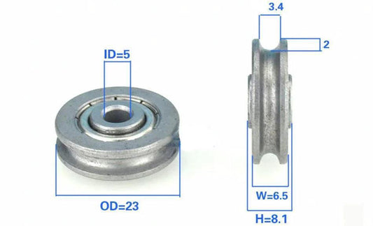 5mm Bore Bearing - 23mm Pulley - U-Groove Track Roller - 5x23x6.5mm