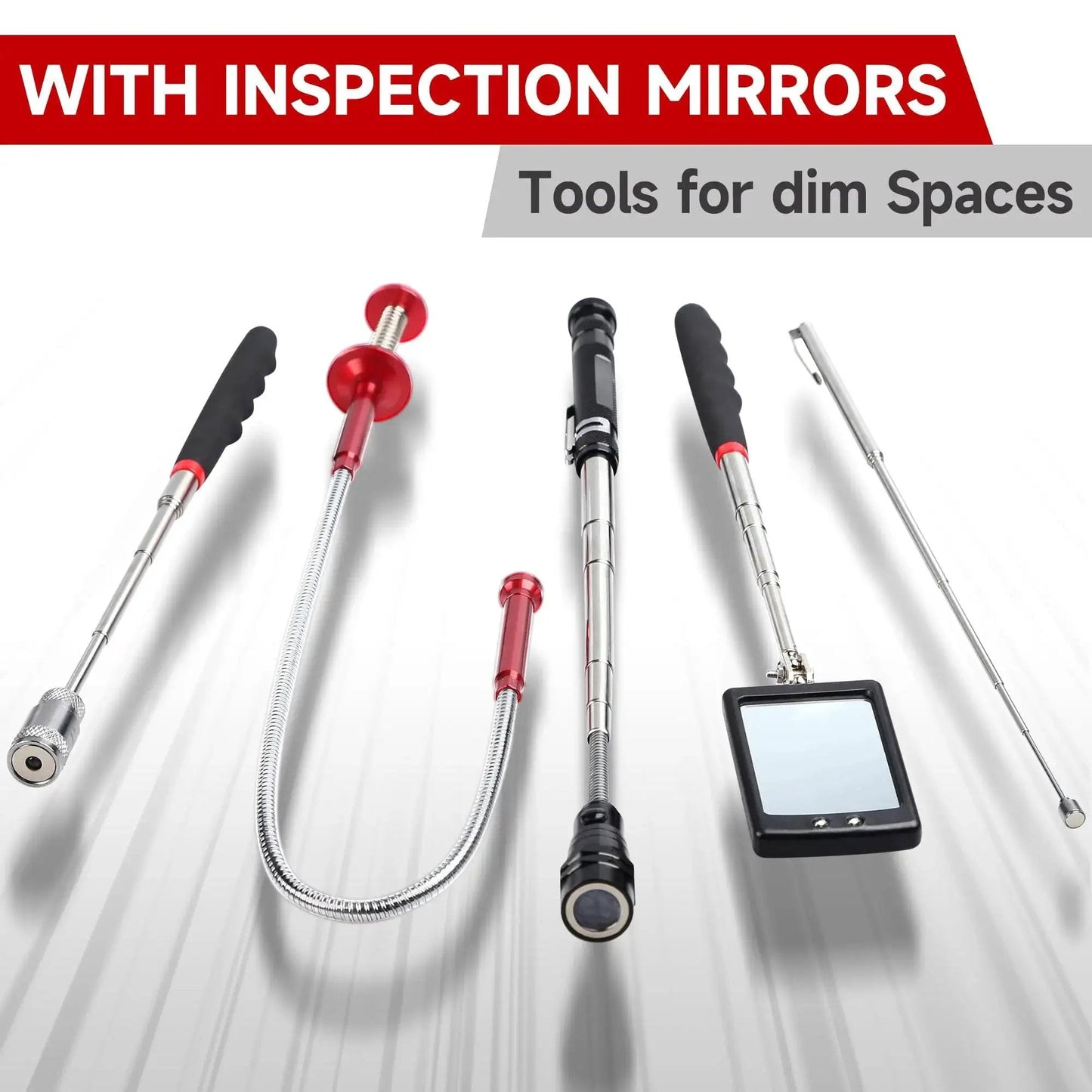Effortlessly retrieve metal parts from tight spaces with this 5 piece telescoping magnetic pickup tool set including mirror