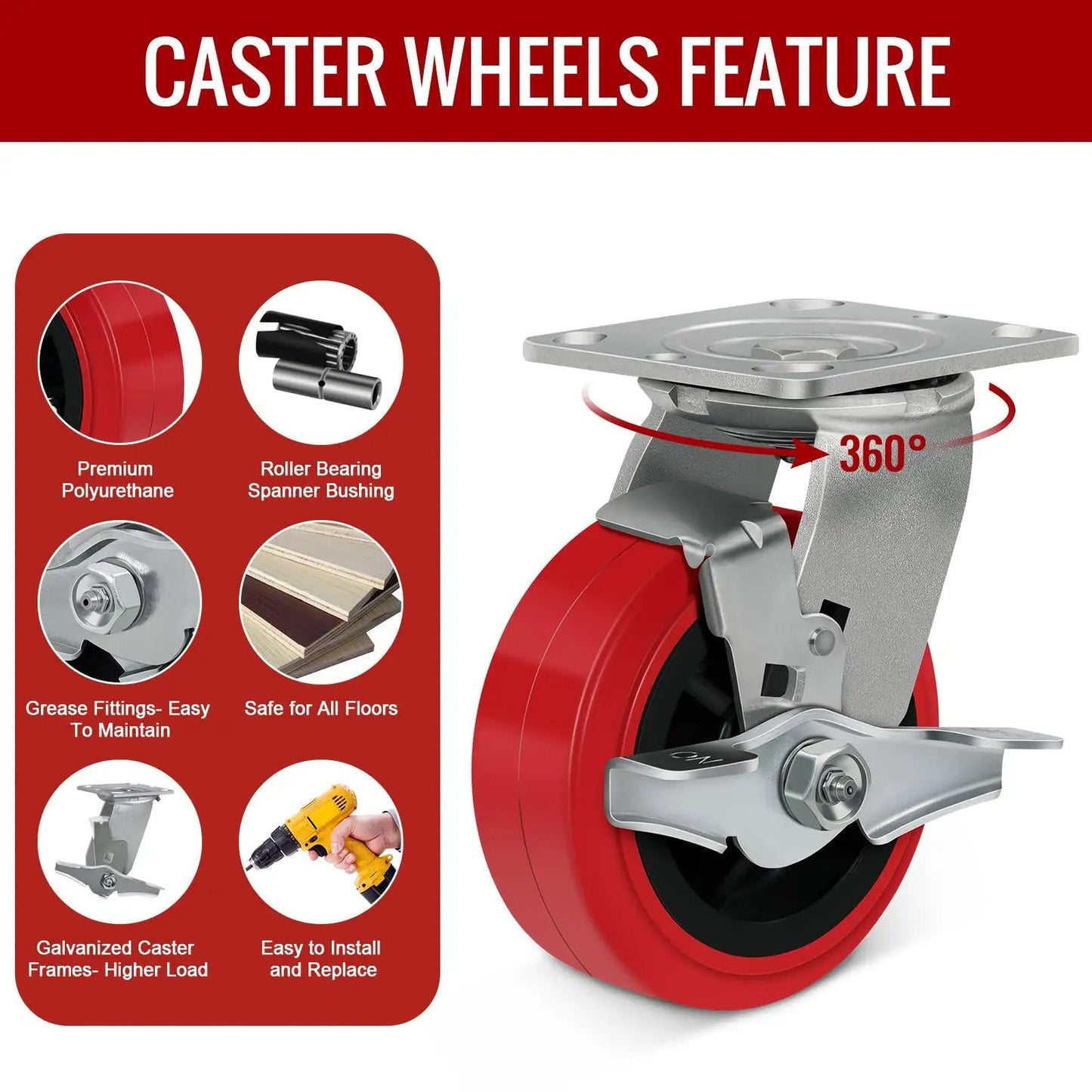 Heavy Duty Industrial Casters 5x2 Inches With Polyurethane On Polyolefin Core Wheel, shown with brake and swivel feature