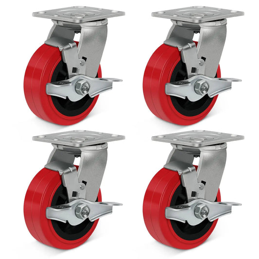 Heavy Duty Industrial Casters 5x2 Inches With Polyurethane On Polyolefin Core Wheel, High Load Capacity Up To 4000 Lbs, Set Of 4