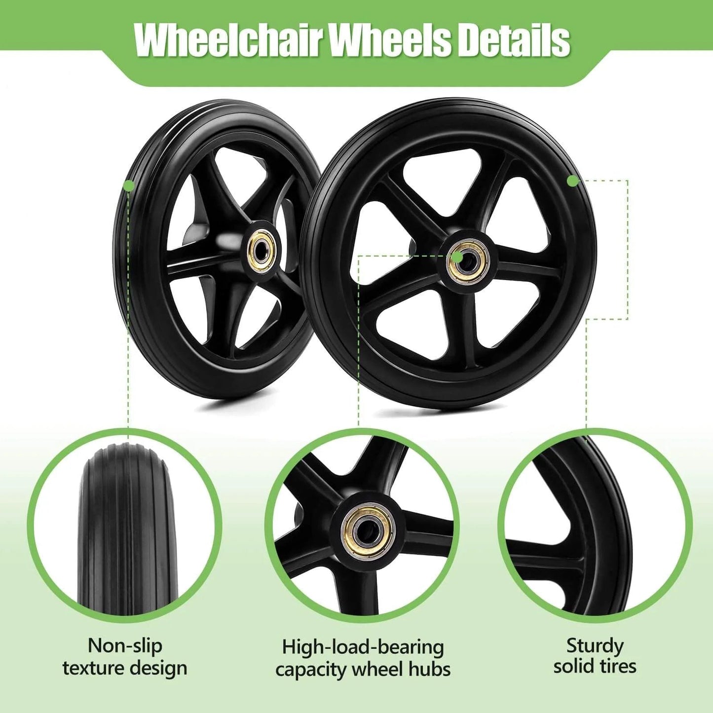 2 Pack 6 Inch Rubber Wheelchair Wheels Replacement for Walkers, Rollators, Wheelchairs, Durable Anti-Slip ABS Wheel Hub, Black
