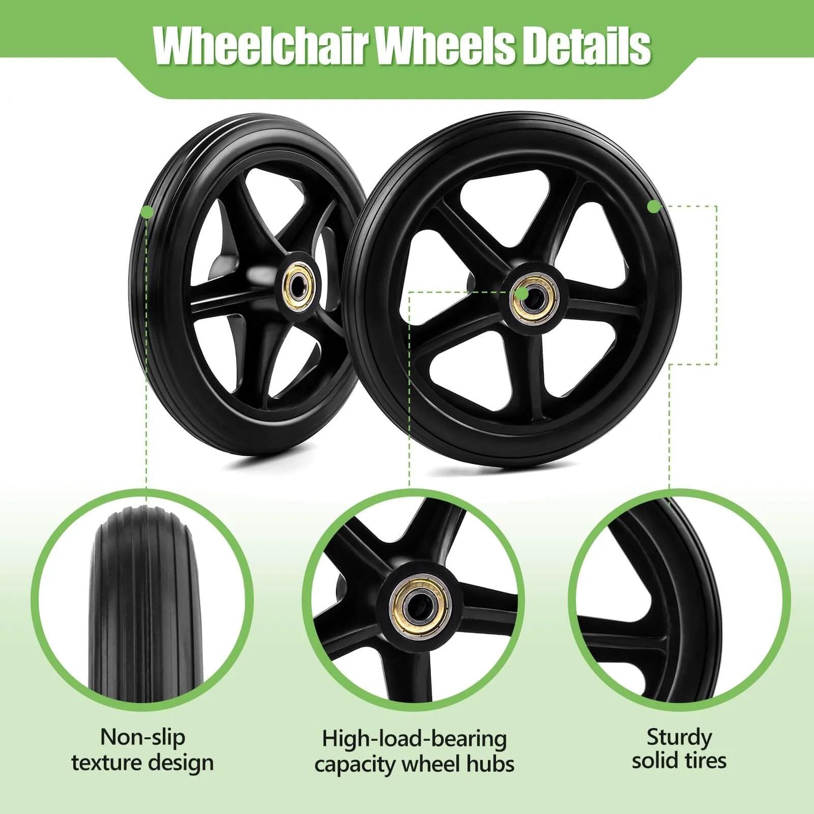 2 Pack 6 Inch Rubber Wheelchair Wheels Replacement for Walkers, Rollators, Wheelchairs, Durable Anti-Slip ABS Wheel Hub, Black
