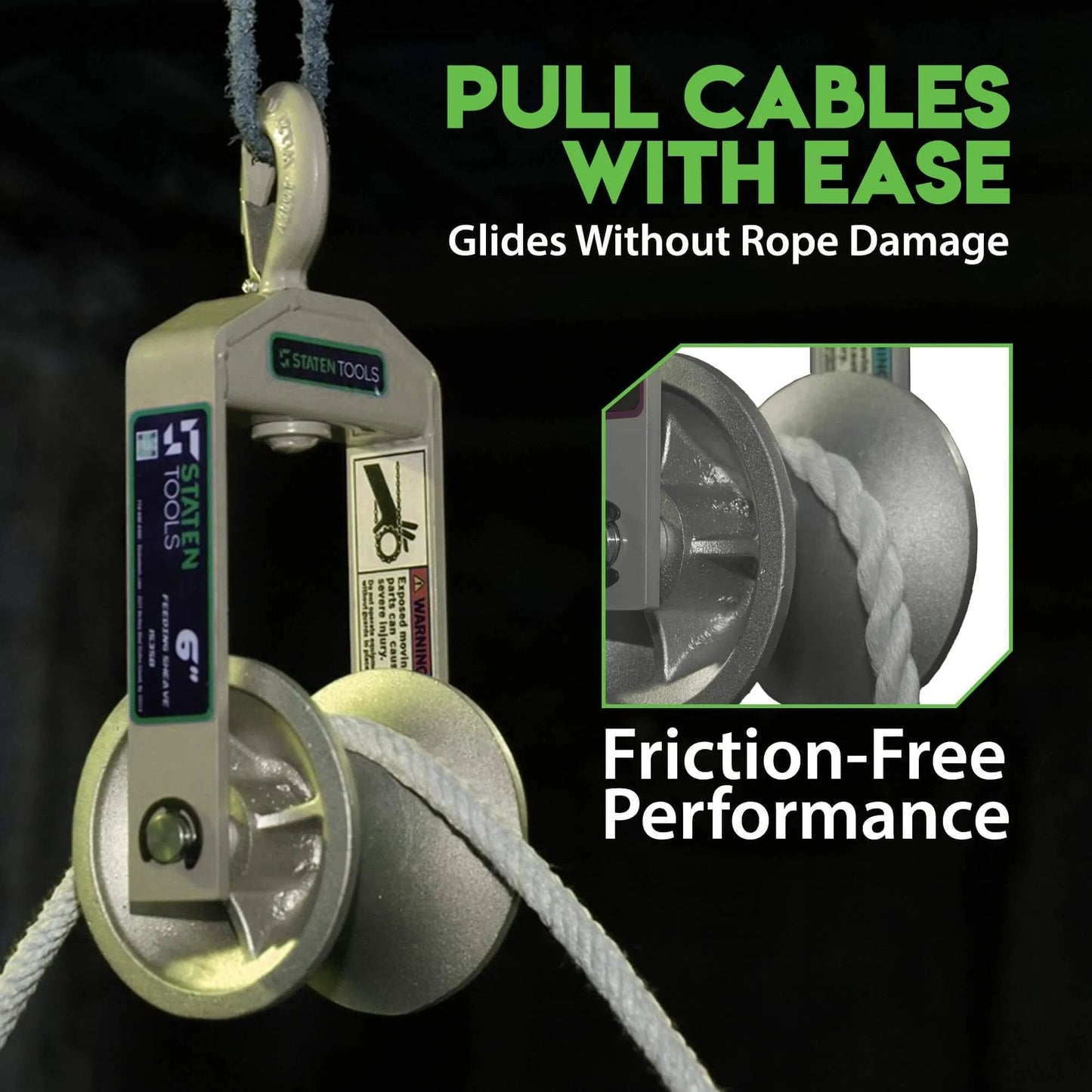6" Diameter, Cable Puller Sheave, Hook, Wire, Rope | Capacity 6500lb | Compatible with Greenlee Pullers 640,6801,6001 | Staten Tools