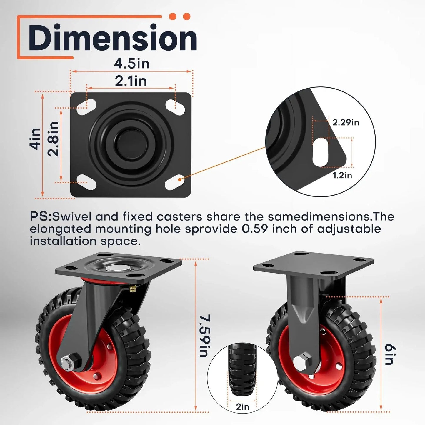 6 Inch Caster Wheels Set Of 4 With 2 Swivel And 2 Fixed Casters, Heavy Duty Rubber Wheels With Knobby Tread dimensions diagram