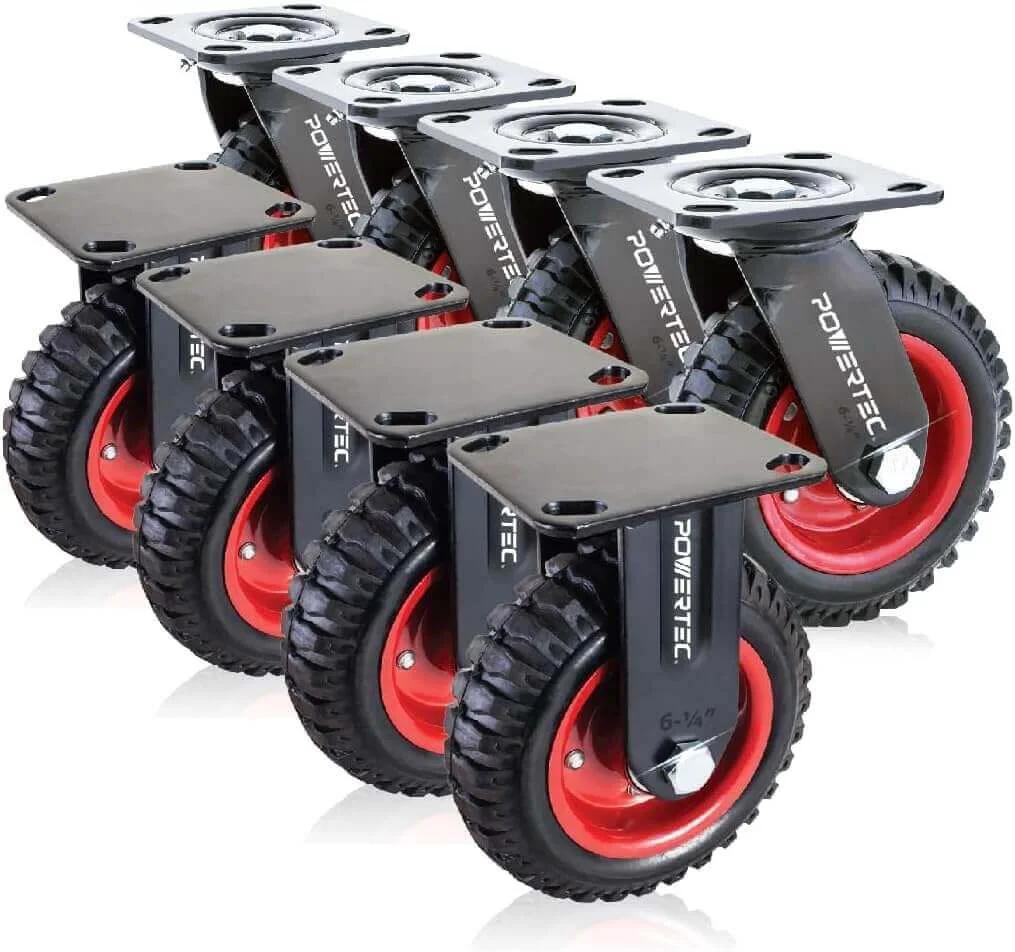 6 inch caster wheels set of 8 with heavy duty rubber knobby tread, including 4 swivel casters and 4 fixed casters