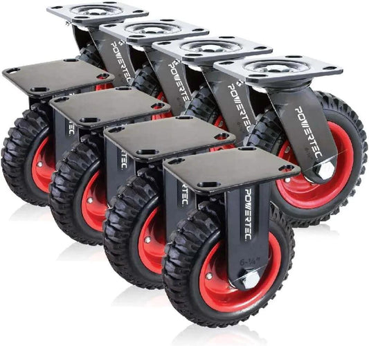 6 inch caster wheels set of 8 with heavy duty rubber knobby tread, including 4 swivel casters and 4 fixed casters