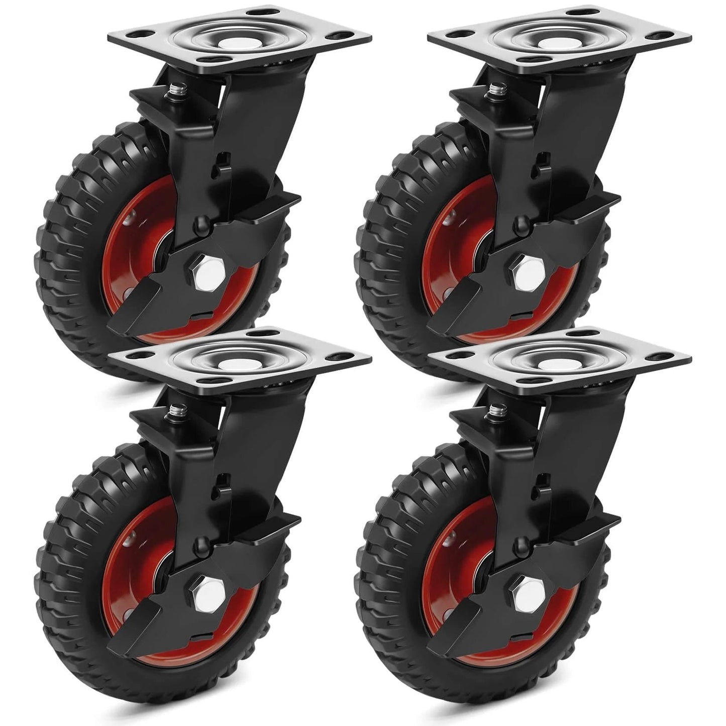 6 Inch Outdoor Heavy Duty Caster Wheels Set of 4 with Brakes, Large Rubber Swivel Casters 1800 lbs C, steel core, black and red design.