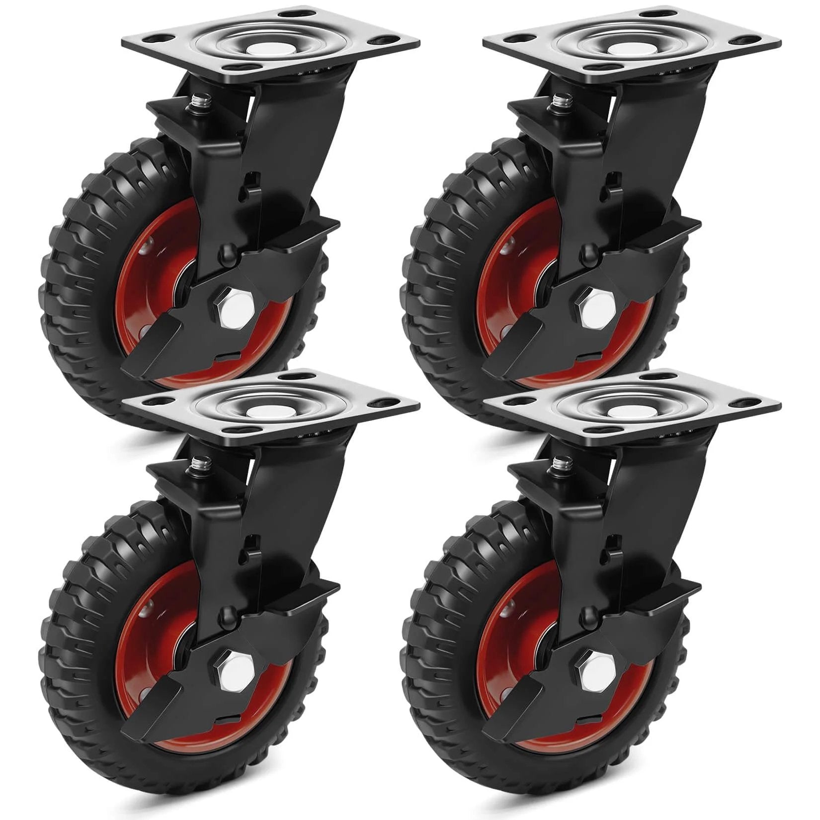 6 Inch Outdoor Heavy Duty Caster Wheels Set of 4 with Brakes, Large Rubber Swivel Casters 1800 lbs C, steel core, black and red design.