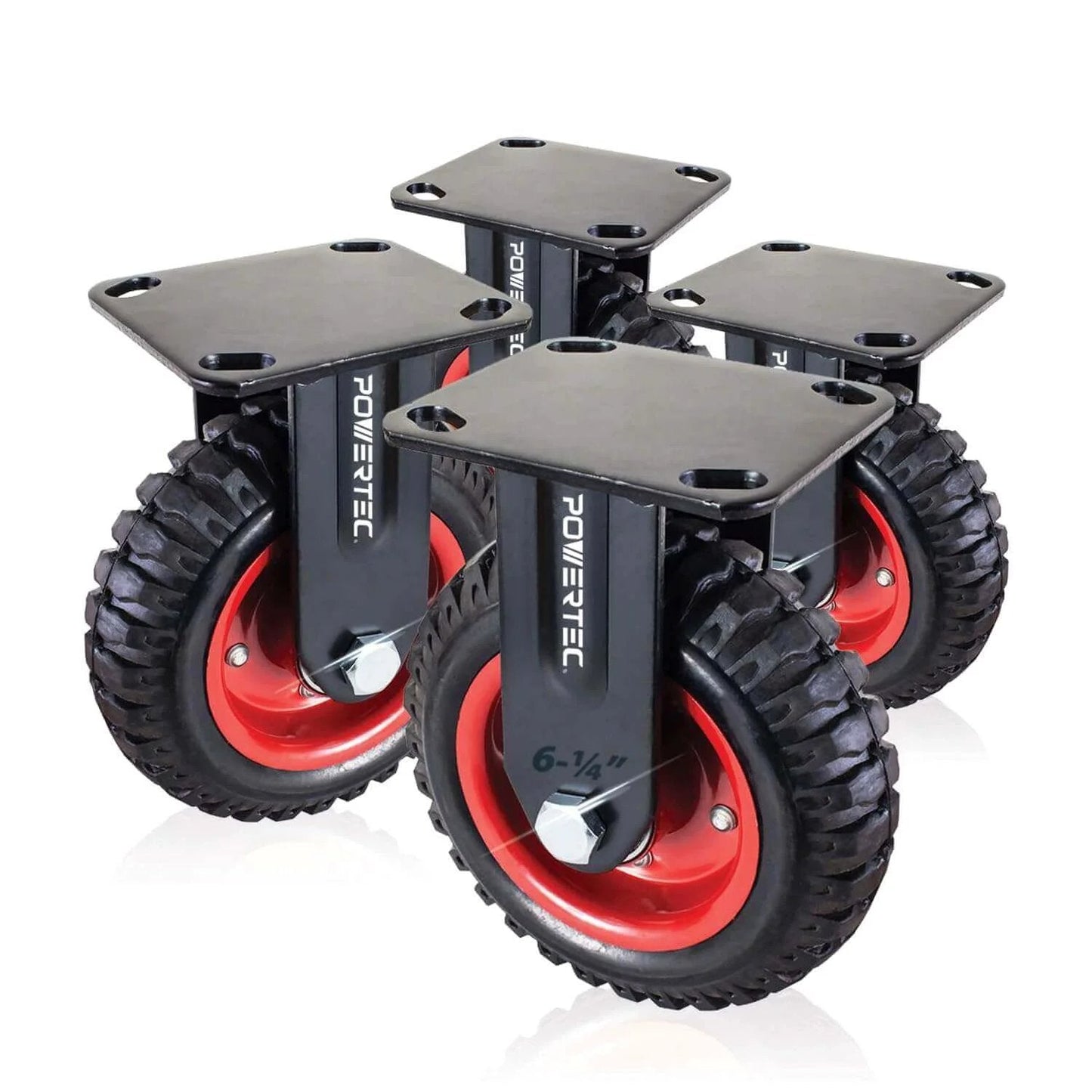 6 inch fixed plate caster wheels set of 4 with heavy duty rubber knobby tread, outdoor casters built for rough surfaces