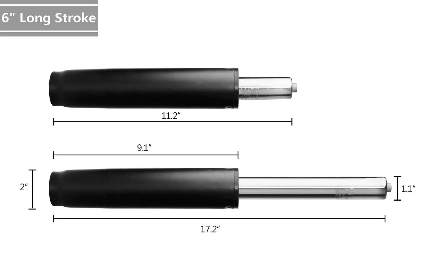 6 Inch Long Stroke Office Chair Gas Lift Cylinder Replacement, Heavy Duty Hydraulic Pneumatic Shock Piston with dimensions