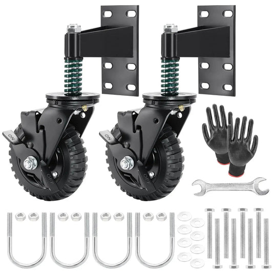 Two Pack 6 Inch Fence Gate Wheels With Brake For Metal Or Wood Gates Heavy Duty Gate Casters Sliding Hardware 500 Pound Capacity 360 Degree Rotation Spring Loaded Includes Mounting Hardware And Gloves.