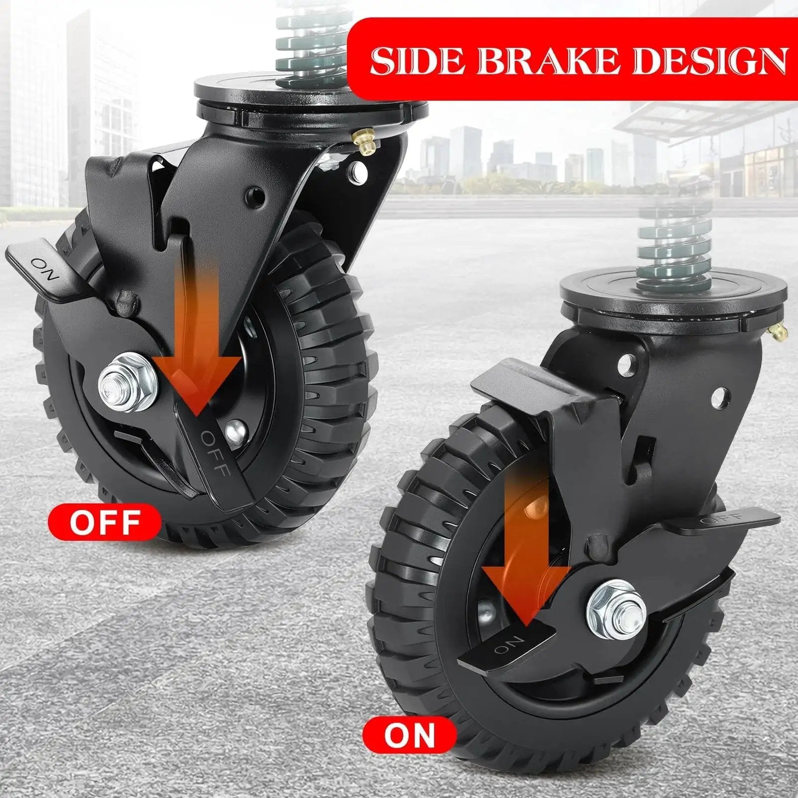 Two Pack 6 Inch Fence Gate Wheels With Brake For Metal Or Wood Gates Heavy Duty Gate Casters Sliding Hardware 500 Pound Capacity 360 Degree Rotation Spring Loaded Includes Mounting Hardware And Gloves, showing side brake design with on and off positions.