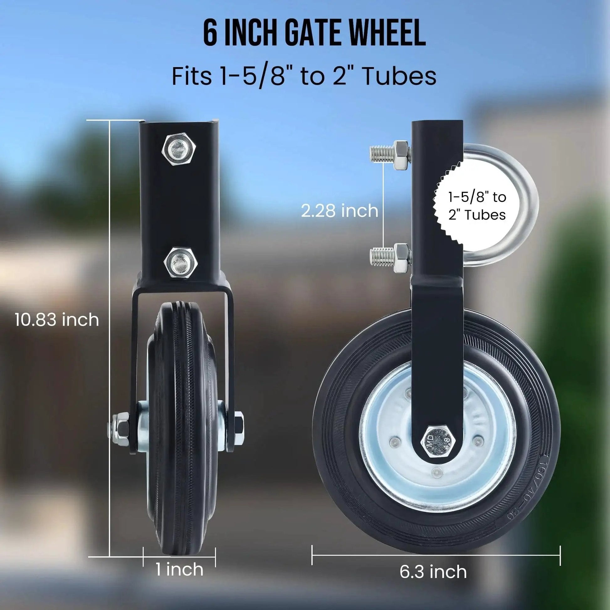6 Inch Heavy Duty Swing Gate Wheel For One And Five Eighths To Two Inch Tubes 550 lb capacity, black steel frame and rubber wheel