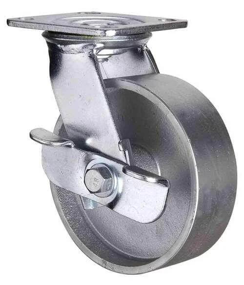 6" Heavy Duty Caster Wheel 661 Lbs - Center Brake Cast Iron Top Plate