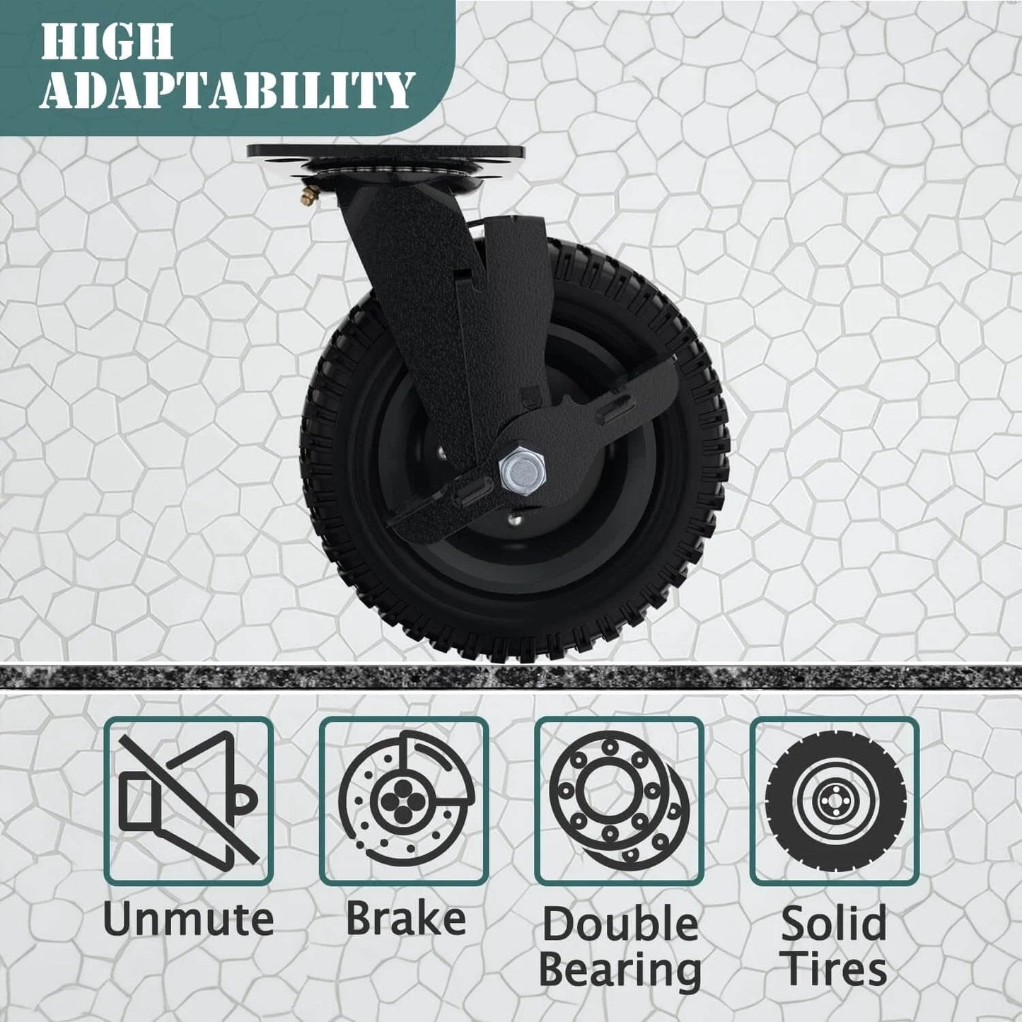 Side view of ✝️ 6 inch heavy duty caster wheels set of 4（2swivel brake & 2 fixed 1600lbs capacity with solid rubber tire
