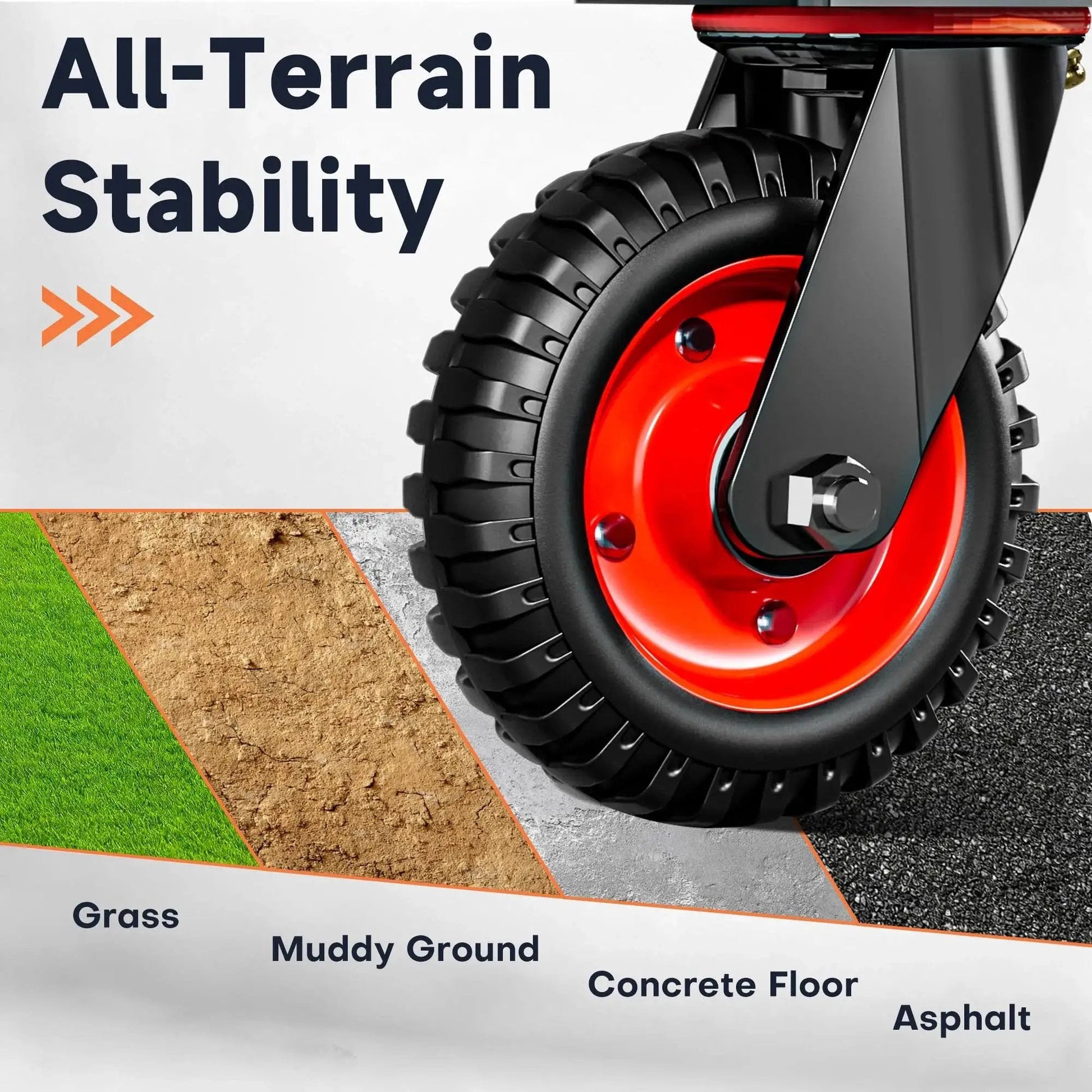 Close-up of a 6 inch caster wheel with knobby tread, mounted on an orange hub, positioned over various terrains like grass and asphalt.