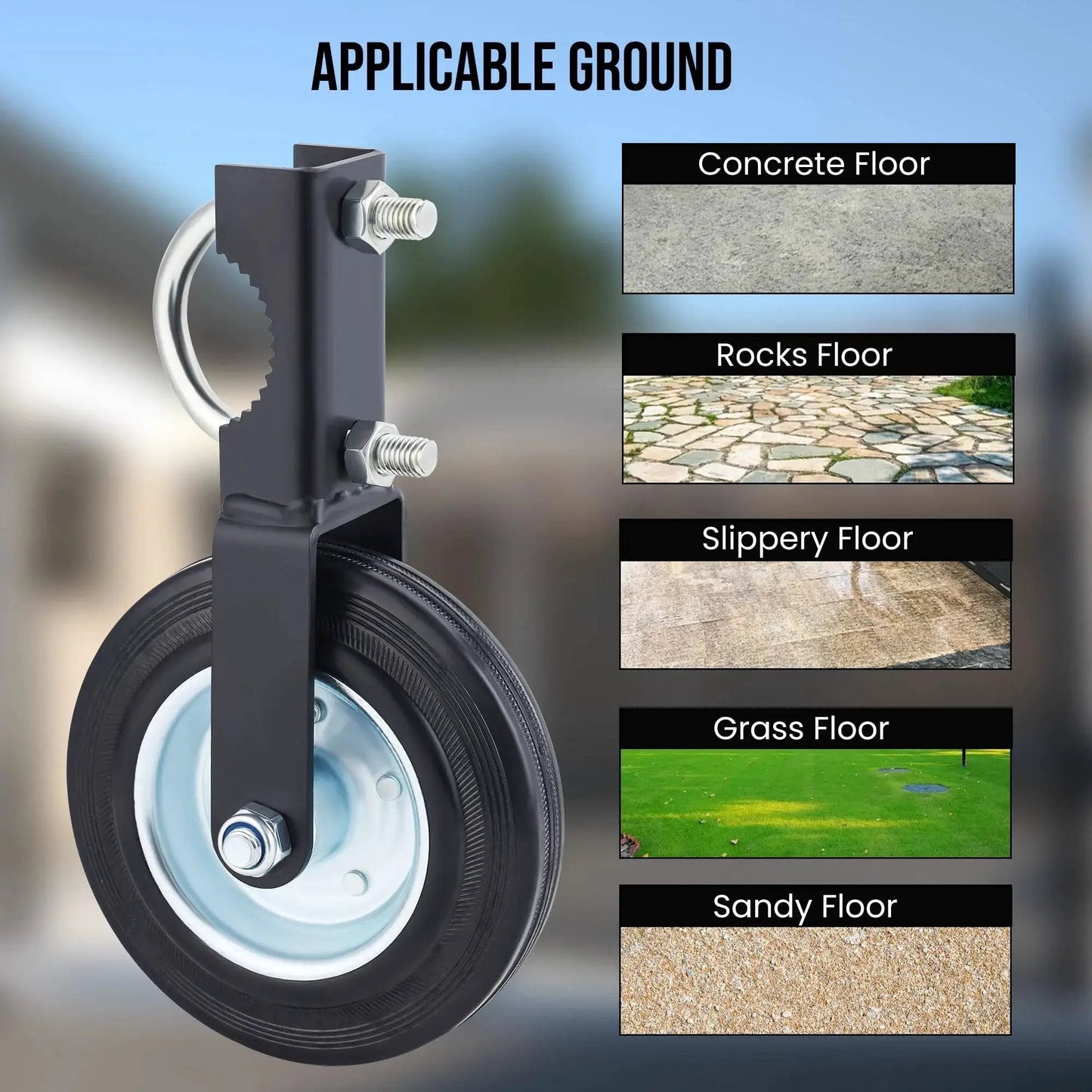 6 Inch Heavy Duty Swing Gate Wheel For One And Five Eighths To Two Inch Tubes 550 Lb Capacity Metal Gate Roller with various ground applications.