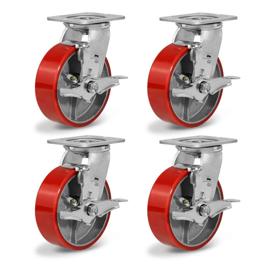 6 inch heavy duty polyurethane caster wheels with brakes, industrial swivel casters in a 4 pack rated for 4800 lb load capacity