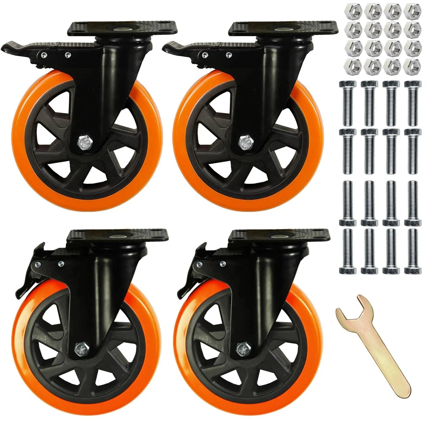 Heavy Duty Swivel Caster Wheels Set Of 4 With 6 Inch Wheels Silent Operation And Double Locking For Workbenches Carts And Furniture Up To 2800 Lbs Total Load Capacity Industrial Grade with hardware and wrench
