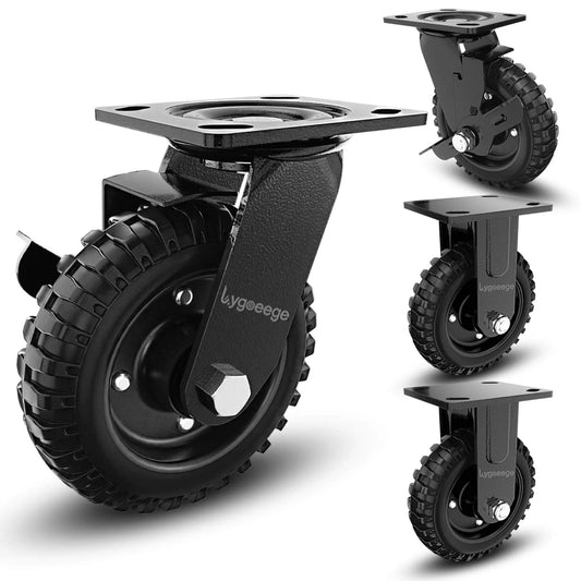 ✝️ 6 inch heavy duty caster wheels set of 4（2swivel brake & 2 fixed 1600lbs capacity, featuring solid rubber and steel brackets