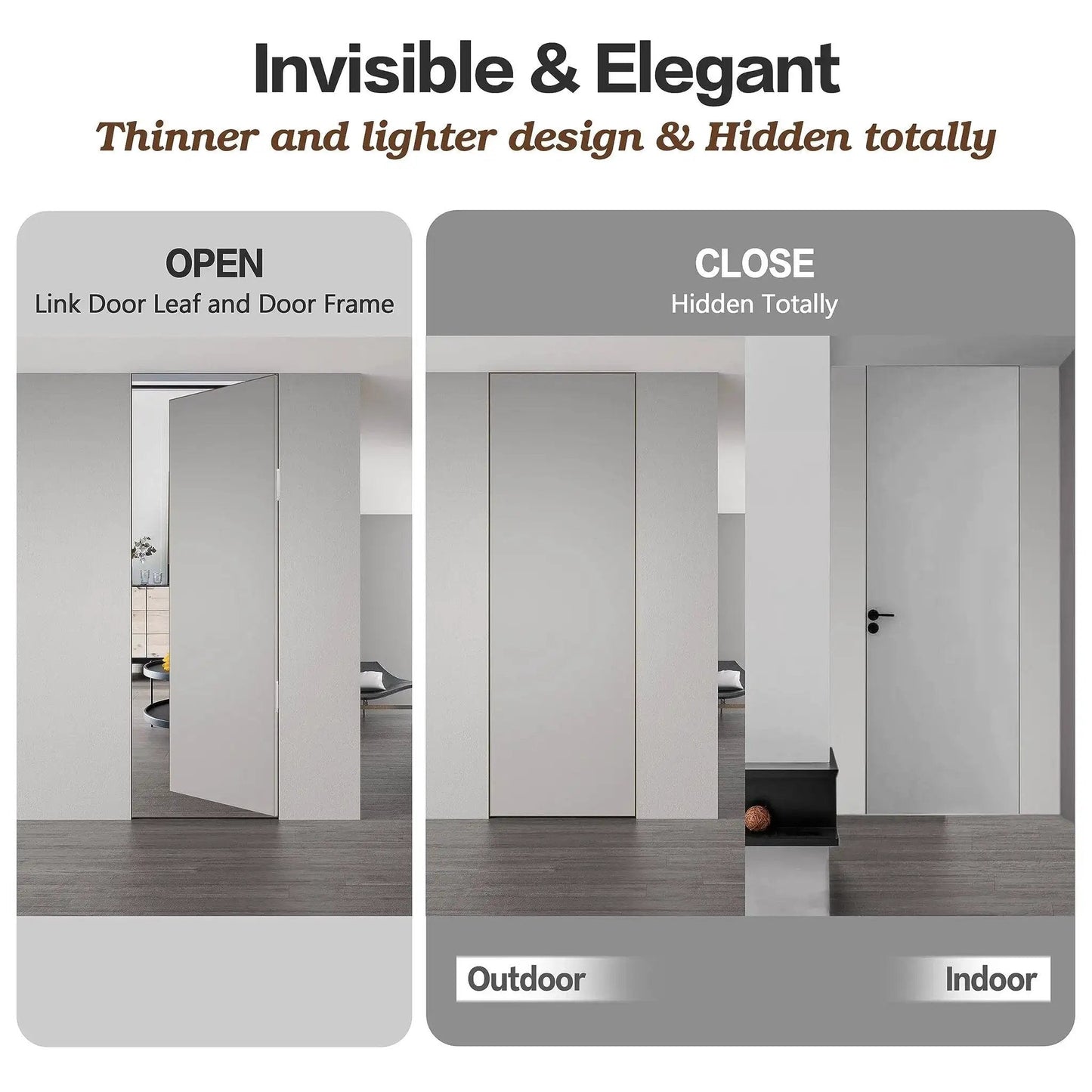 Hidden Door Hinges 6 Inch Stainless Steel Pack Of Two Concealed Hinges with 180 Degree Swing shown on open and closed doors