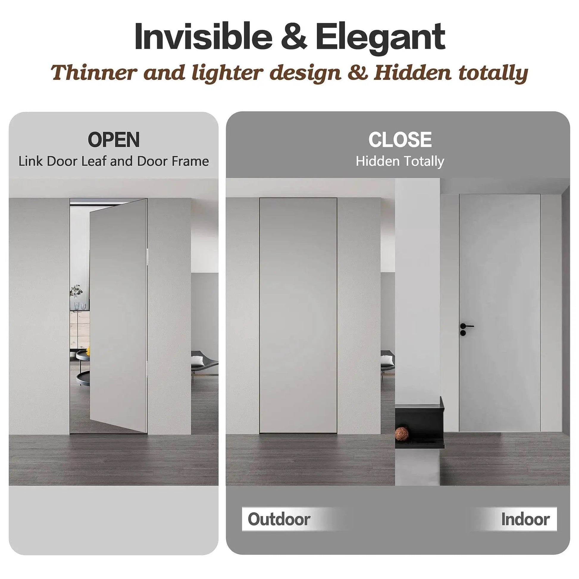 Hidden Door Hinges 6 Inch Stainless Steel Pack Of Two Concealed Hinges with 180 Degree Swing shown on open and closed doors