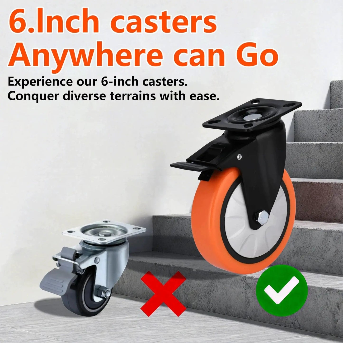 6 Inch Industrial Brake Caster Heavy Duty Wheel With 4000 Lb Load Capacity No Noise Polyurethane On Steel Hub on stairs