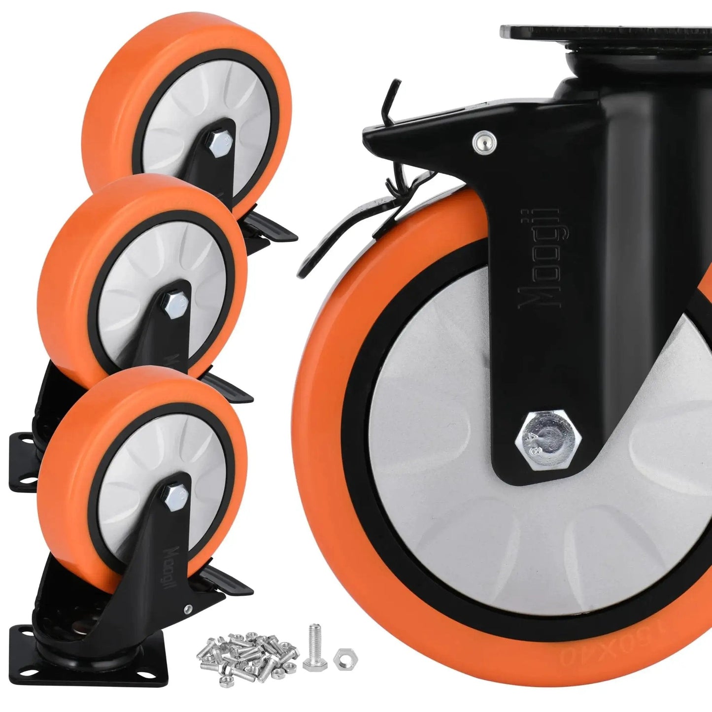 6 Inch Industrial Brake Caster Heavy Duty Wheel with 4000 lb Load Capacity, orange polyurethane on steel hub, side view