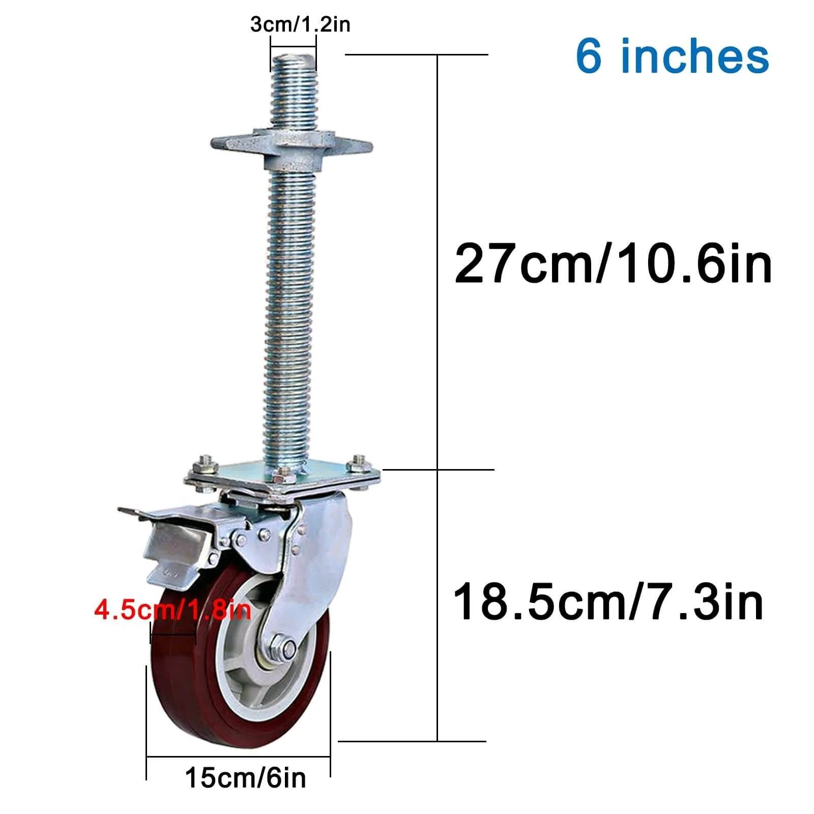 Heavy Duty 6 Inch Locking Swivel Caster Wheels for Scaffolding, Adjustable Stem, Industrial Nylon, 500kg Load Capacity, Side View