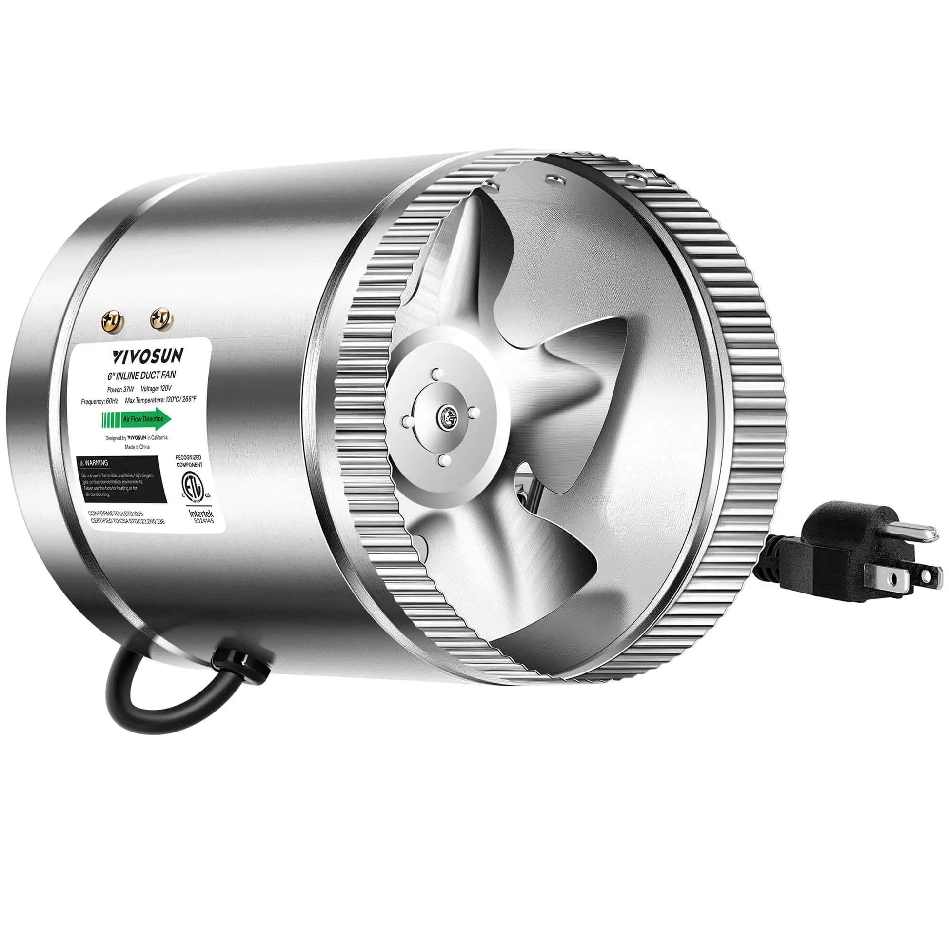 Powerful 6 Inch Inline Duct Fan 240 CFM For HVAC Ventilation With Low Noise, metal design, electric plug, VIVOSUN label visible