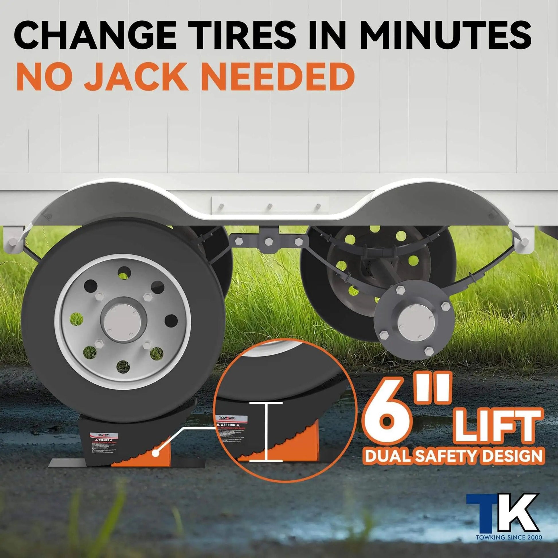 6 Inch Lift Camper Leveling Blocks 2 Pack Heavy Duty Tire Change Ramp Up To 35,000 Lbs GVWR And 32 Inch Tires shown installed