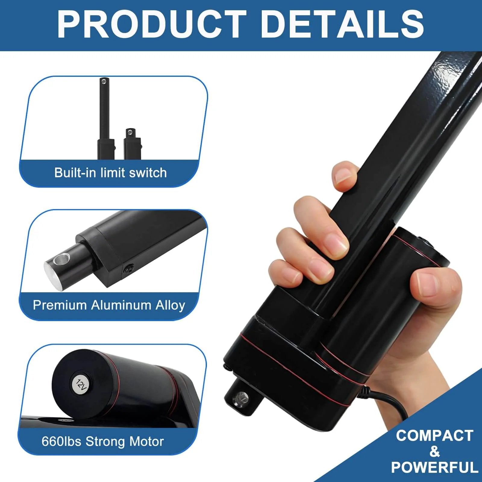 Hand holding 6 Inch 6" Stroke Linear Actuator IP65 Waterproof Heavy Duty 12V 3000N/660lbs Maximum Lift with aluminum alloy and built-in switch