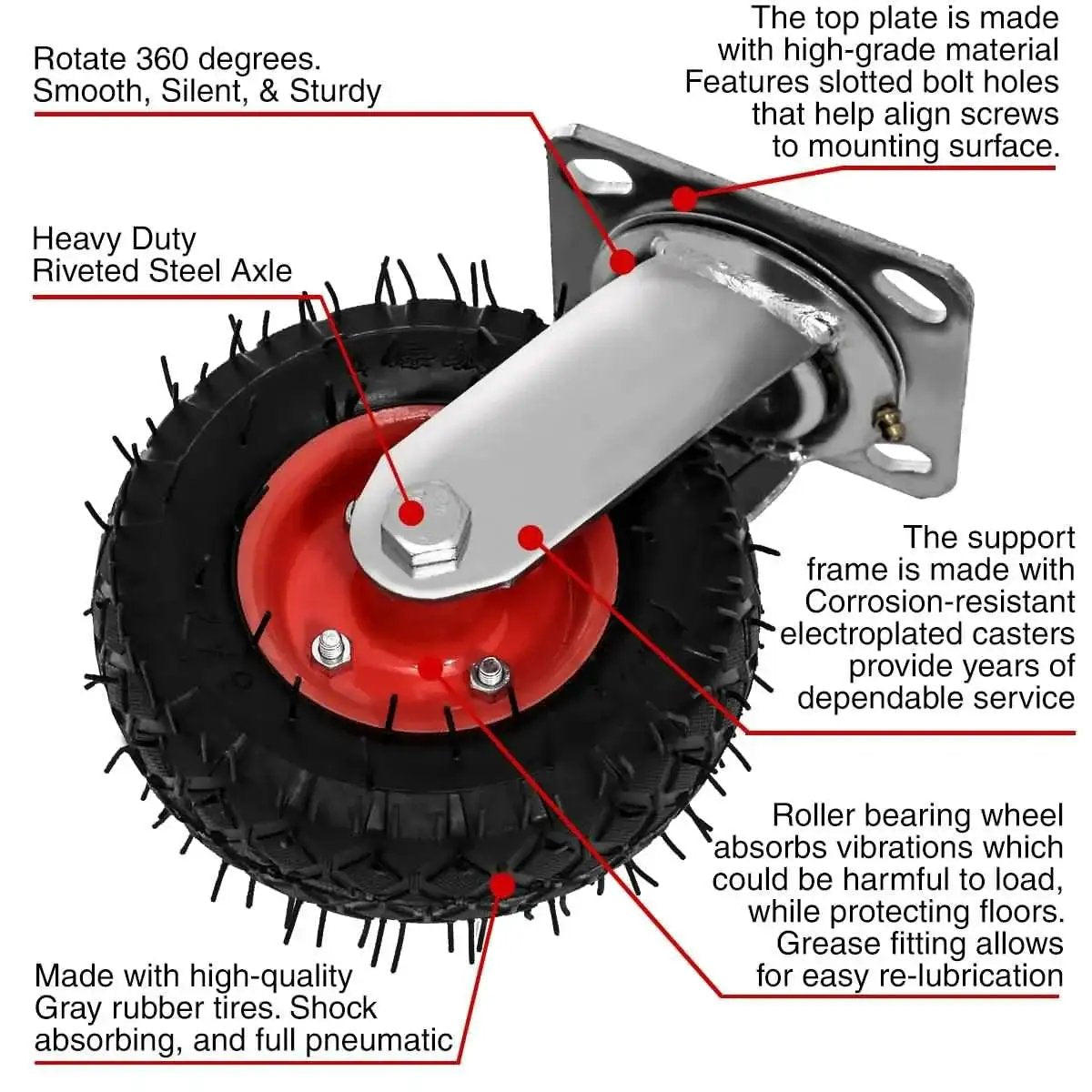 Close-up of a 4 Pack 6 Inch Swivel Pneumatic Air Caster Wheel with knobby tread and red hub for industrial carts and equipment.