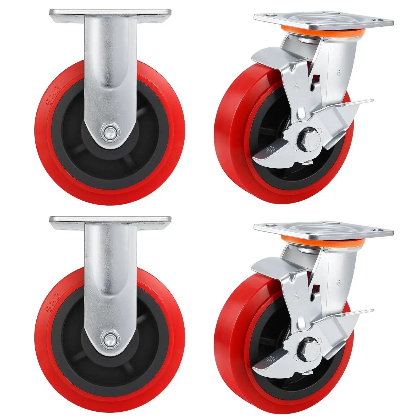 6 Inch Industrial Heavy Duty Caster Wheels Set Of 4 With Polyurethane Surface TPE Casters Load Capacity 5000 Lbs Swivel Brake Plate