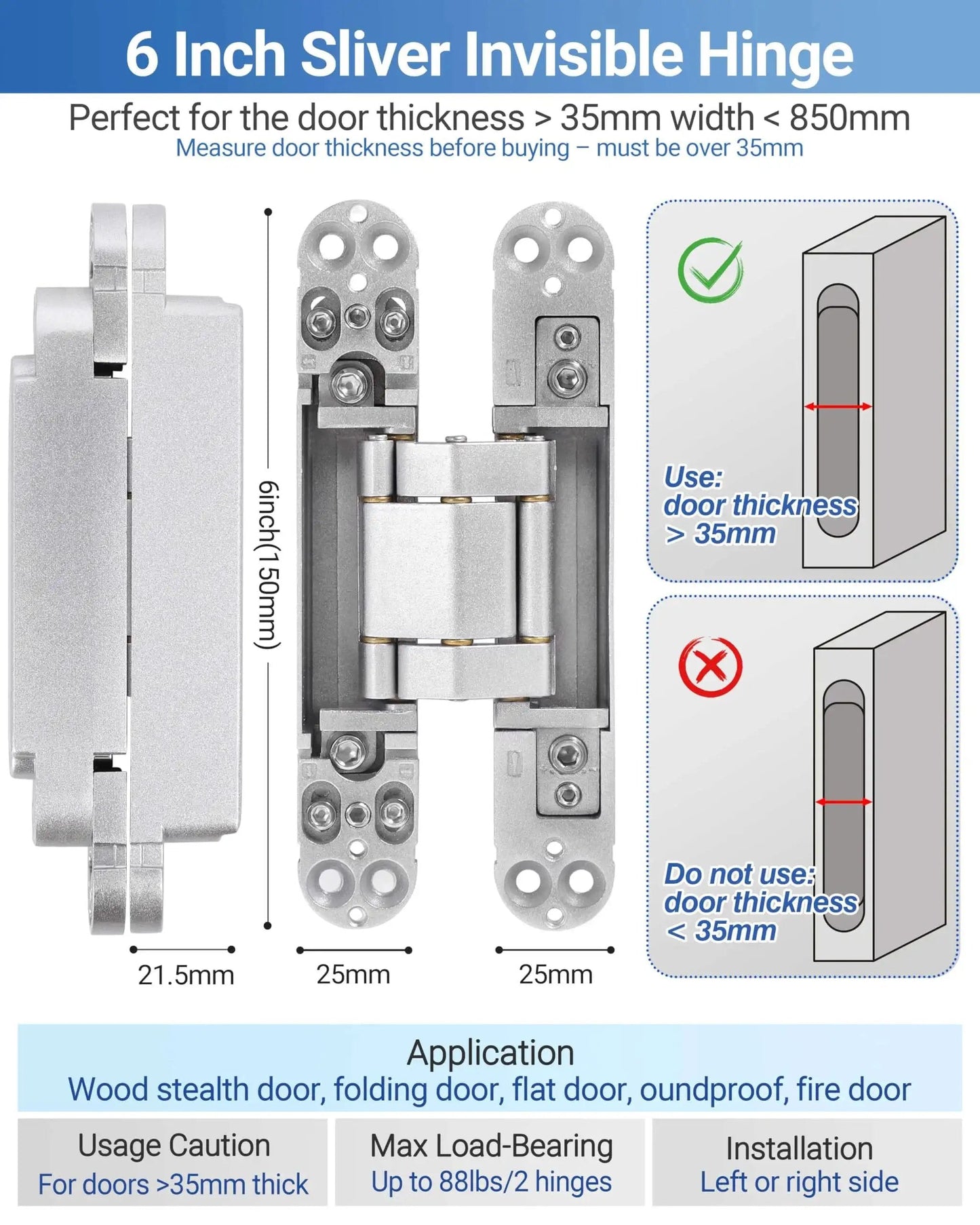 Diagram of Invisible Door Hinges Set 4 Pack 6 Inch Silver Concealed Hinges for doors with dimensions and installation guide.